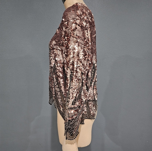 Vintage 80s OLEG CASSINI Pink Beaded Sequin Top M - Picture 5 of 8